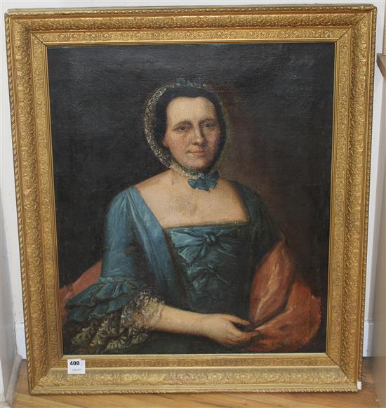 18th century English School, oil on canvas, Portrait of a lady wearing a blue dress, 72 x 62cm